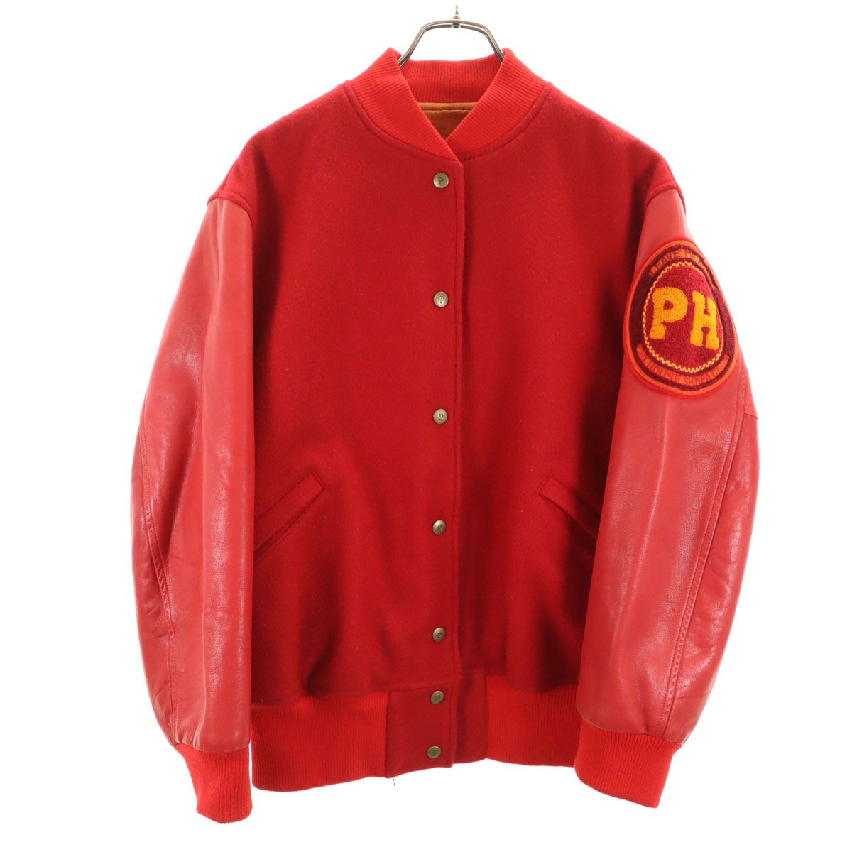 PINK HOUSE ピンクハウス ワッペン 牛革レザー切替 スタジャン レッド ジャケット レディース PINK HOUSE ピンクハウス ワッペン 牛革レザー切替 スタジャン レッド