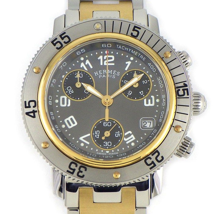 エルメス HERMES 腕時計 クリッパー ダイバー CL 2.320 グレー文字盤 デイト クロノグラフ スモールセコンド 回転ベゼル 夜光針 インデックス GP SS クオーツアナログ