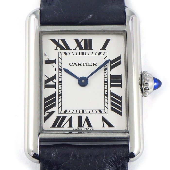 カルティエ Cartier 腕時計 タンクマスト レクタンギュラー シルバー文字盤 ローマンインデックス ブラック 革ベルト SS クオーツアナログ