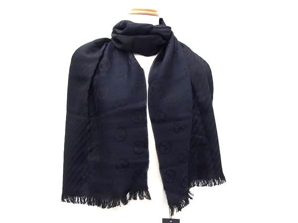 GIORGIO ARMANI ジョルジオアルマーニ ウール ストライプ フリンジ マフラー ストール ネイビー系 ブラック系 BI 9505