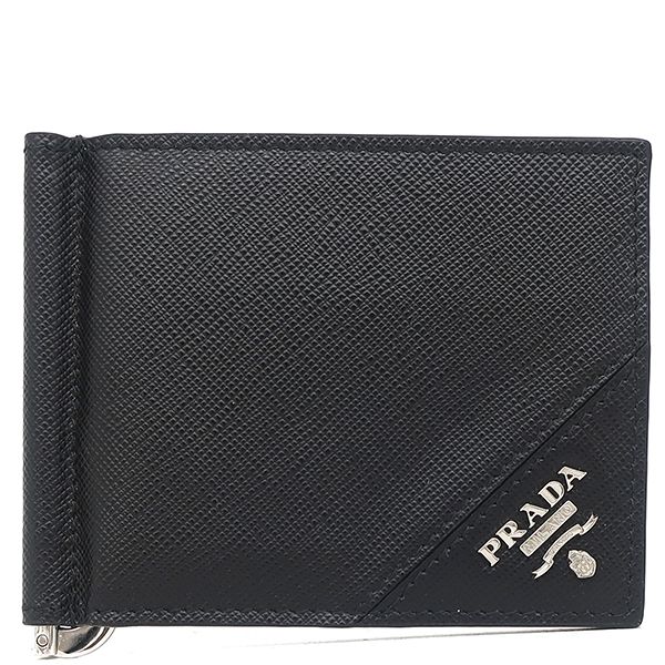 PRADA 二つ折りマネークリップ サフィアーノ レザー ロゴ プラダ PRADA 二つ折り財布 マネークリップ付財布 レザー ブラック