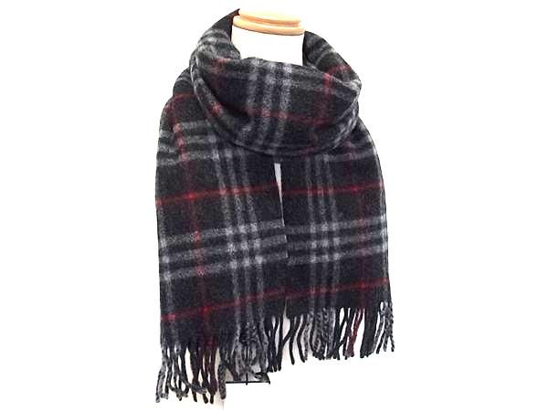 バーバリー ラムウール100％ チェック柄 マフラー ショール 防寒具 メンズ ダークグレー系 FR 5471