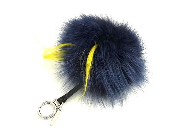 FENDI フェンディ モンスター バッグバグズ ファー レザー チャーム キーホルダー ネイビー系 FU 5478