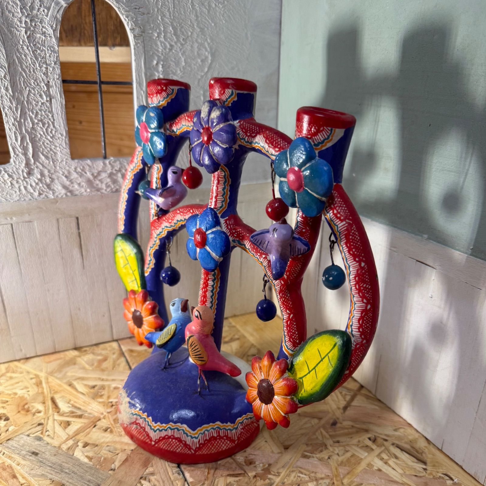 希少1970s】メキシコ CUCO＊生命の樹＊カラフル陶器キャンドルホルダー