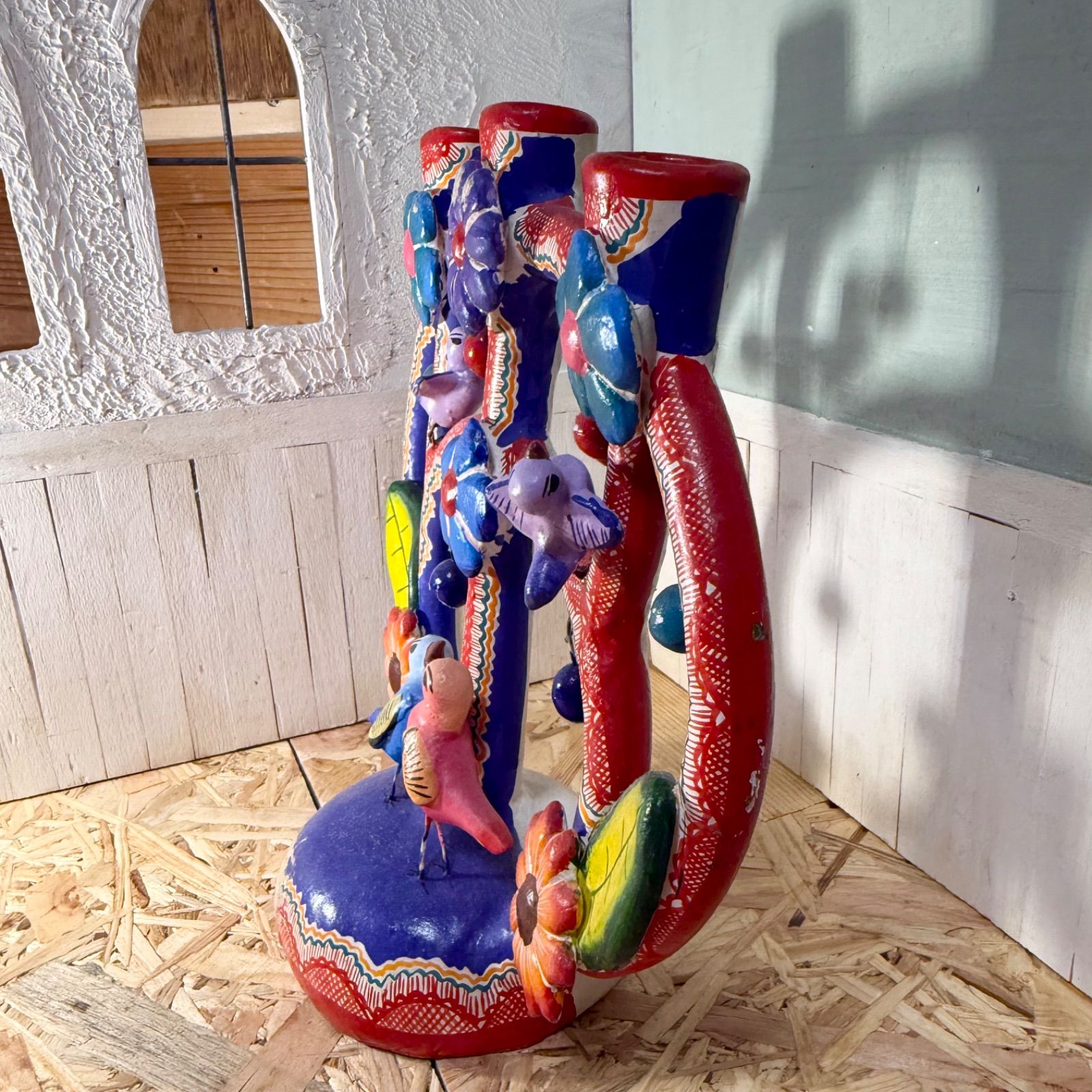 希少1970s】メキシコ CUCO＊生命の樹＊カラフル陶器キャンドルホルダー