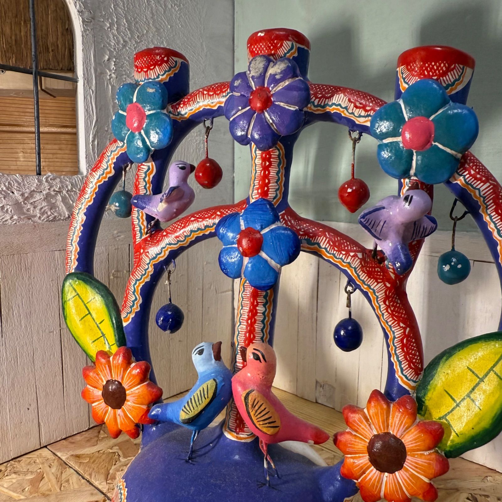 希少1970s】メキシコ CUCO＊生命の樹＊カラフル陶器キャンドルホルダー