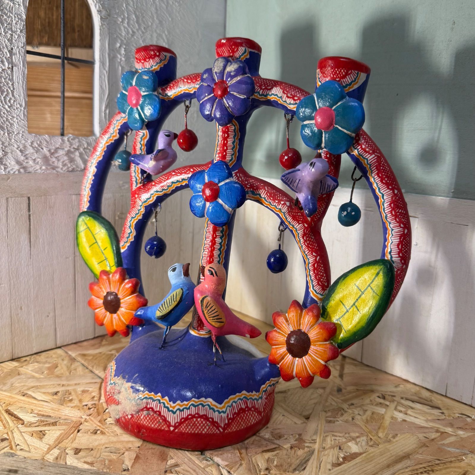 うっとりする色使い♡1970sメキシコ♡生命の樹♡キャンドルホルダー♡燭台♡ 希少1970s】メキシコ CUCO＊生命の樹＊カラフル陶器キャンドルホルダー