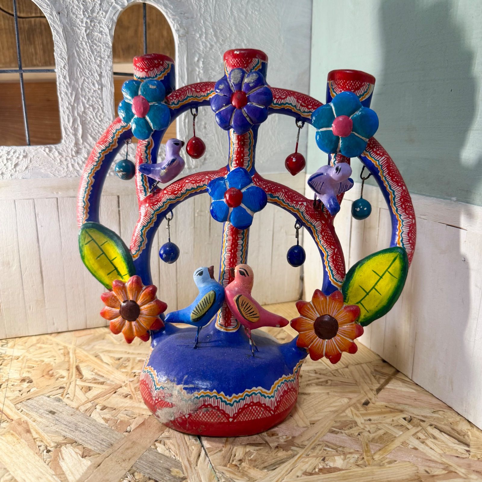 うっとりする色使い♡1970sメキシコ♡生命の樹♡キャンドルホルダー♡燭台♡ 希少1970s】メキシコ CUCO＊生命の樹＊カラフル陶器キャンドルホルダー