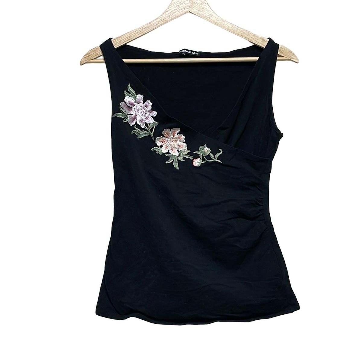 TAM ヴィヴィアンタム ノースリーブカットソー サイズ1 S レディース 黒 パープル マルチ 刺繍 フラワー 花