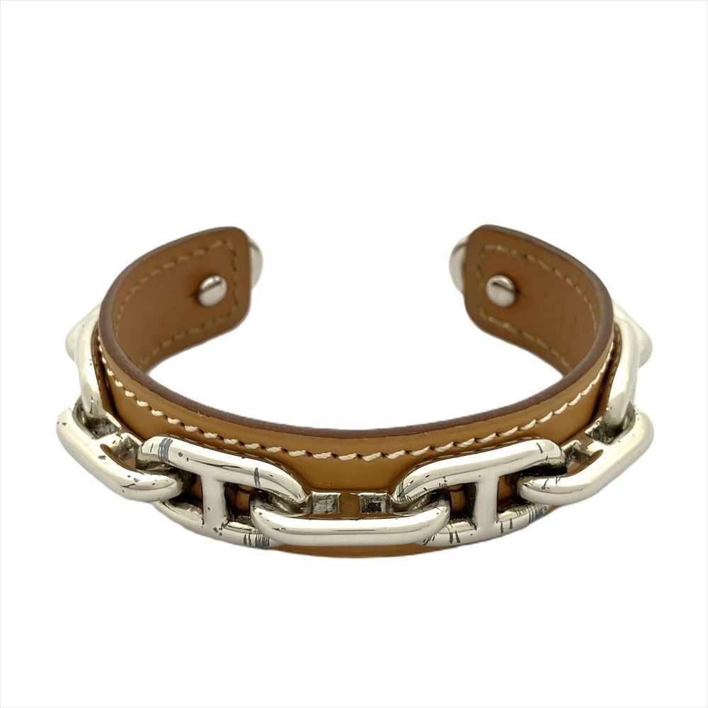 エルメス HERMES シェーヌダンクル バングル カフ メタルg レザー M