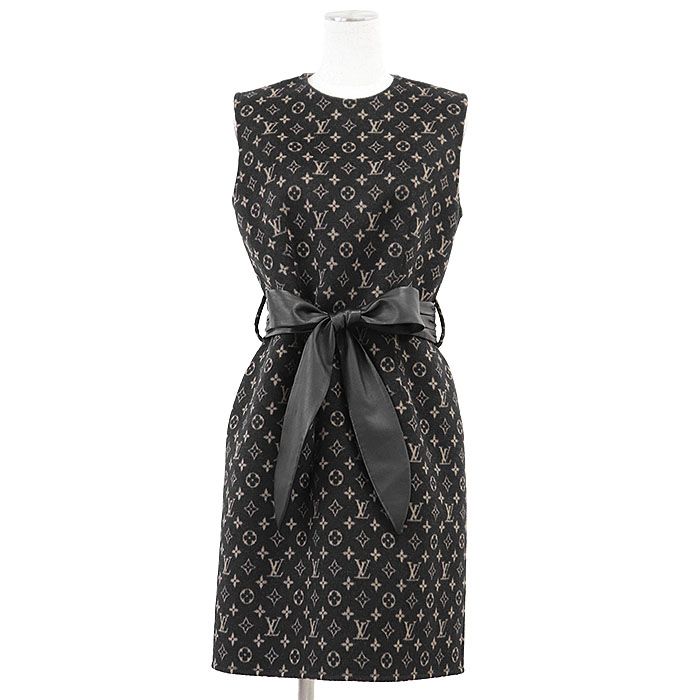 LOUIS VUITTON ルイ ヴィトン ワンピース 2021 S LV モノグラム ベルテッド ウール × シルク ライトメルトン ノースリーブ ドレス レザーベルト付属 レディース サイズ 38 ブラック キャメル 黒 イタリア製
