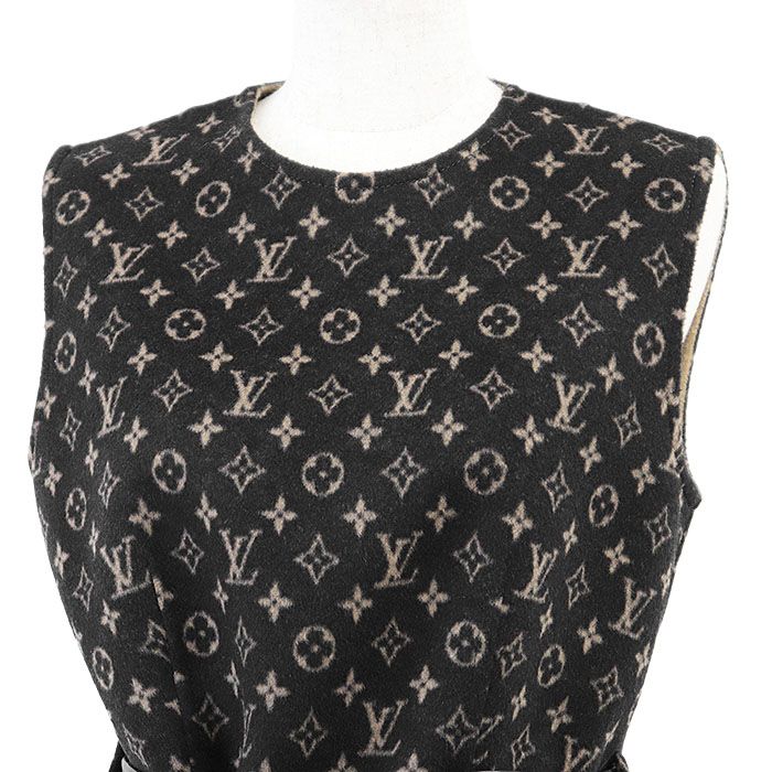 LOUIS VUITTON ルイ ヴィトン ワンピース 2021 S LV モノグラム ベルテッド ウール シルク ライトメルトン ノースリーブ ドレス レザーベルト付属 レディース サイズ 38 ブラック キャメル 黒 イタリア製