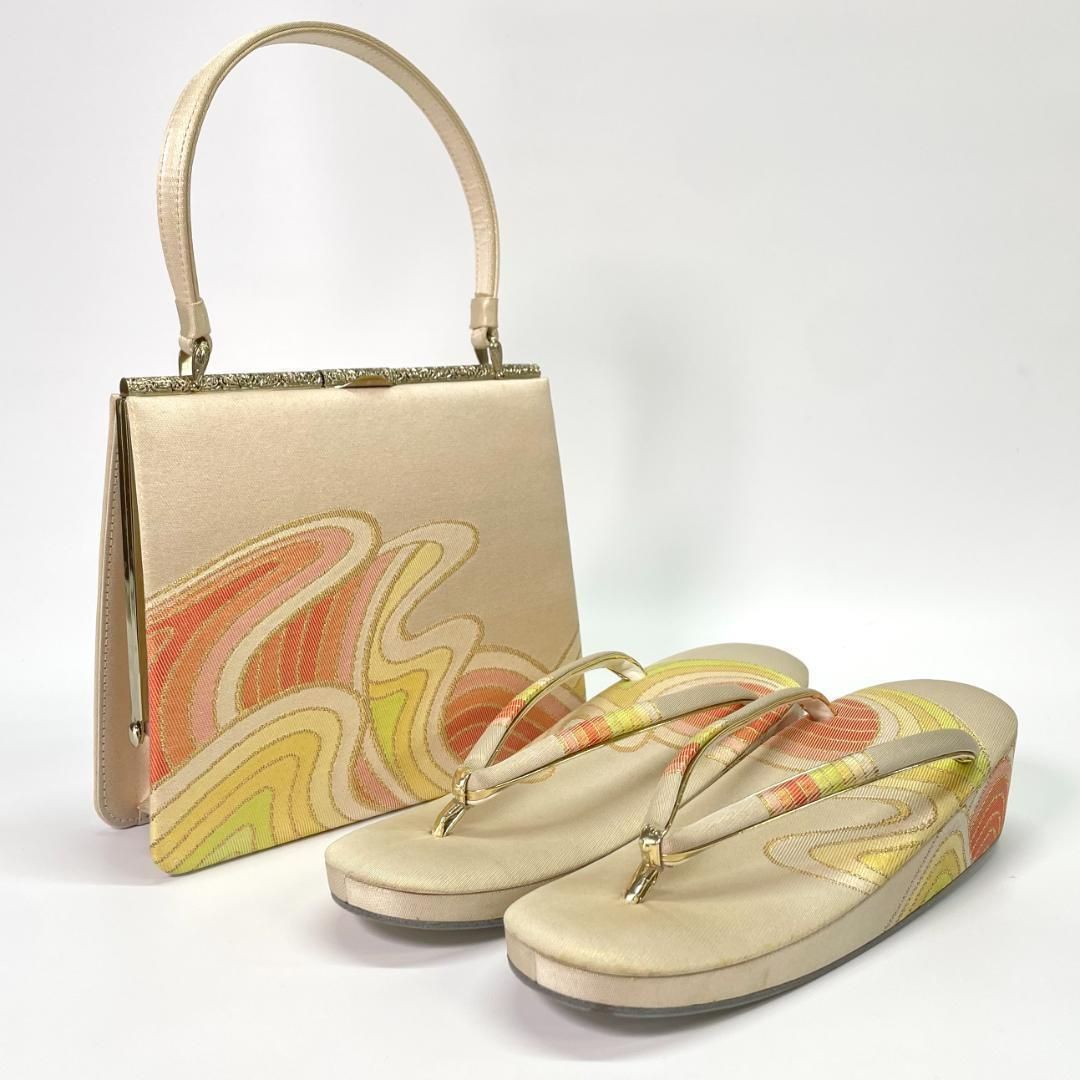 草履バッグセット おき宗謹製 流水 金系 ビンテージ着物 kimonolove