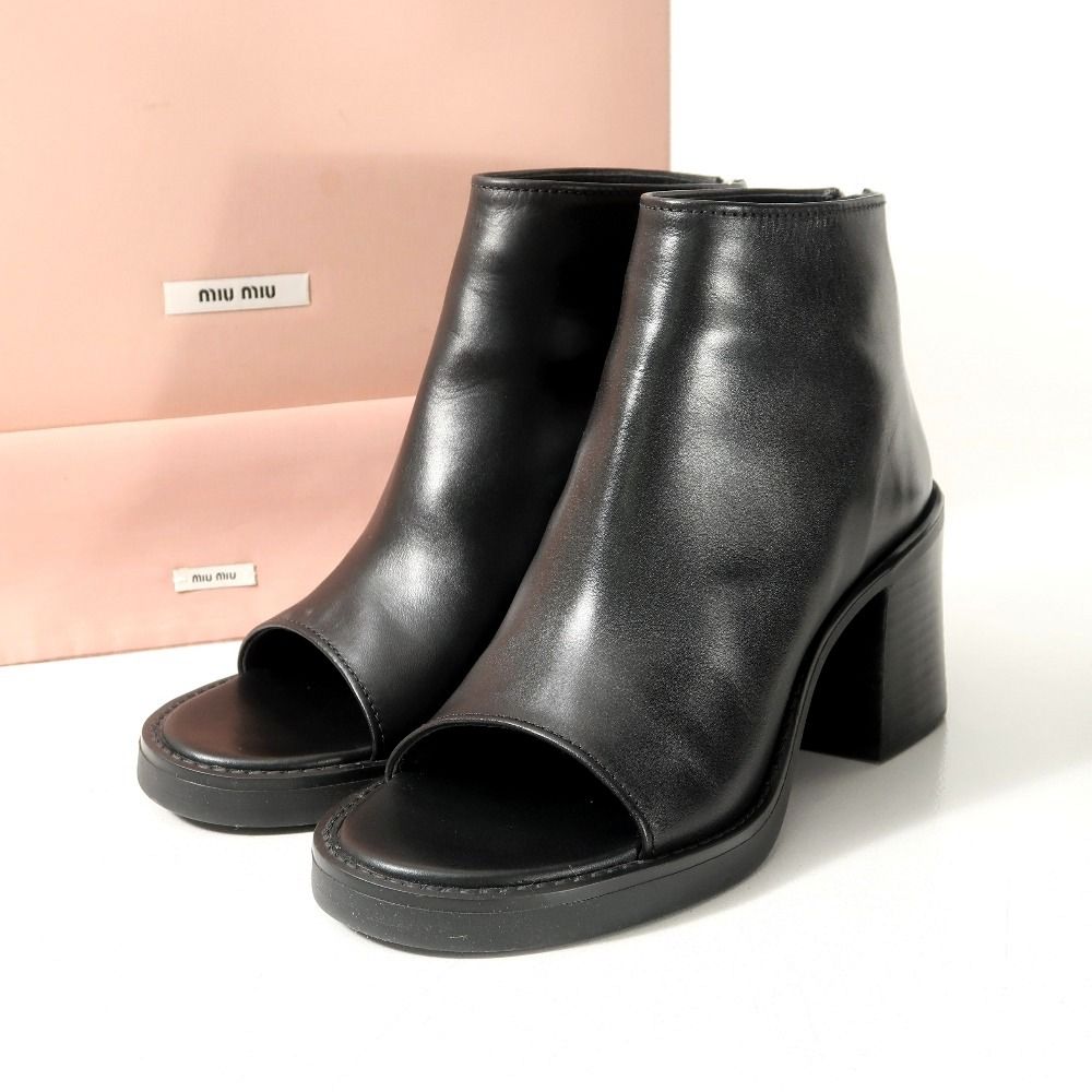 Miu ミュウ ブーツ サイズ39 ブーティ チャンキーヒール オープントゥ レザー 靴 ブランド古着 RA 6737