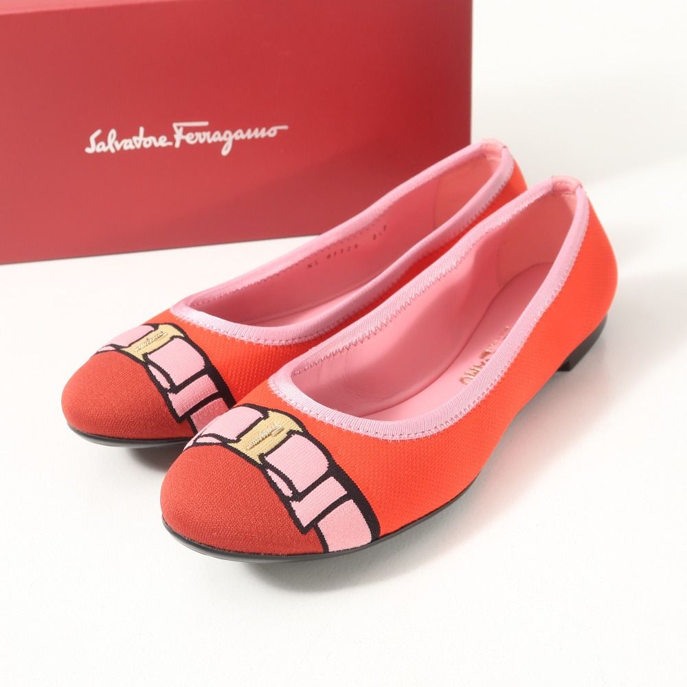 Salvatore Ferragamo サルヴァトーレフェラガモ VARINA KNI 1 0 cm パンプス サイズ8 2 B ヴァラリボン フラットシューズ ニット レザー 靴 ブランド古着 RA 6739