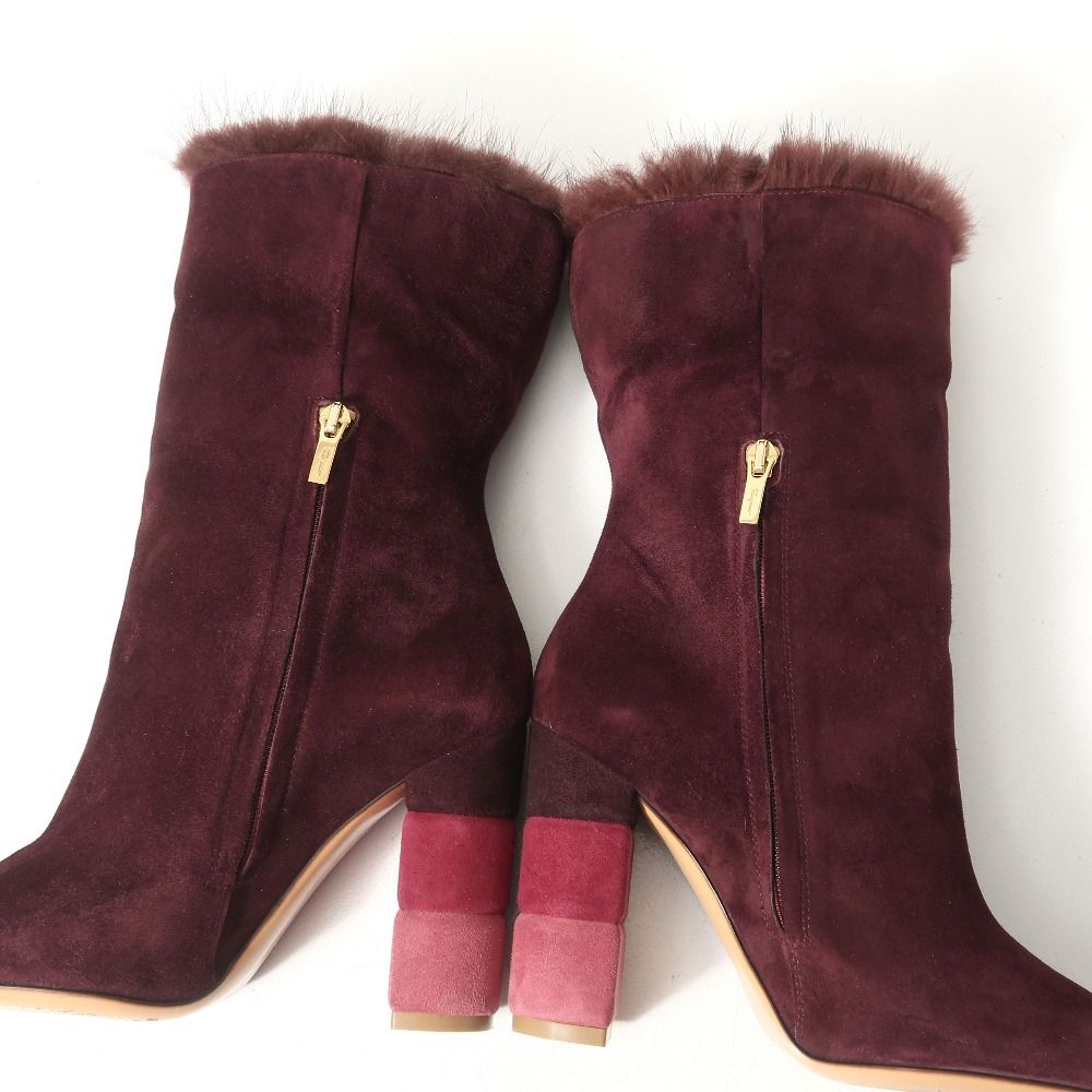  Salvatore Ferragamo サルヴァトーレフェラガモ LORIS FUR ロリス ファー ブーツ サイズ6 D ミンクファー ショートブーツ スエード チャンキーヒール 靴 ブランド古着 RA 6769 ブーティ ブーツ