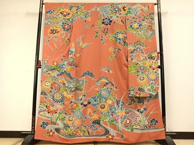 平和屋着物○豪華振袖 割引 紅型 花蝶文 正絹 逸品 AABD0537fy