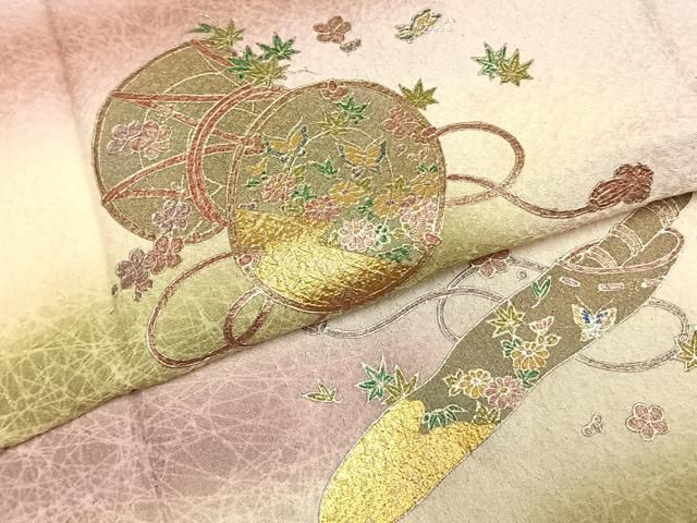 平和屋着物●長襦袢　単衣　鼓　花鳥文　暈し染め　金銀彩　正絹　逸品　AABD0734fy 平和屋着物○長襦袢 単衣 鼓 花鳥文 暈し染め 金銀彩 正絹 逸品