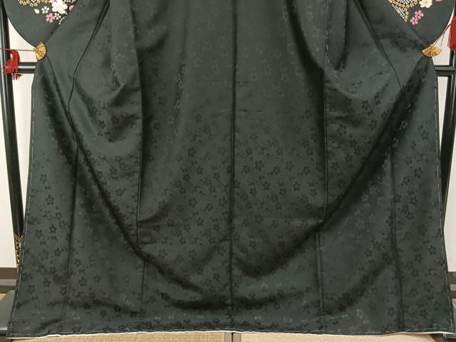 平和屋着物○小振袖 二尺袖 雪輪花文 黒地 金彩 洗える着物 AABD8504fy