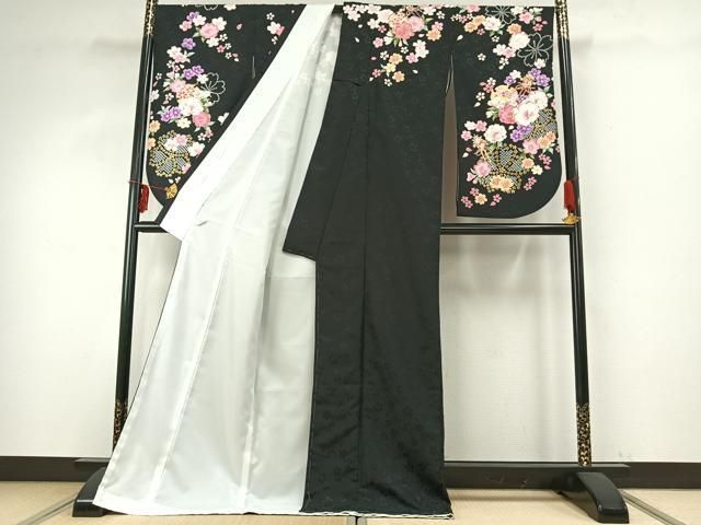 平和屋着物○小振袖 二尺袖 雪輪花文 黒地 金彩 洗える着物 AABD8504fy