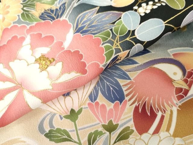 平和屋着物○豪華振袖 友禅 鴛鴦花蝶文 暈し染め 黒地 金彩 金糸 正絹