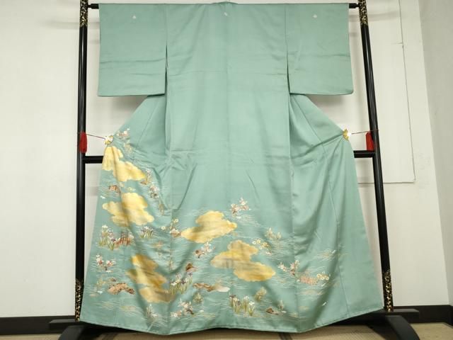 平和屋着物●京和工芸　色留袖　刺繍　雲取り流水草花文　金彩　金糸　正絹　逸品　AABD9961cs 平和屋着物○京和工芸 色留袖 刺繍 雲取り流水草花文 金彩 金糸 正絹