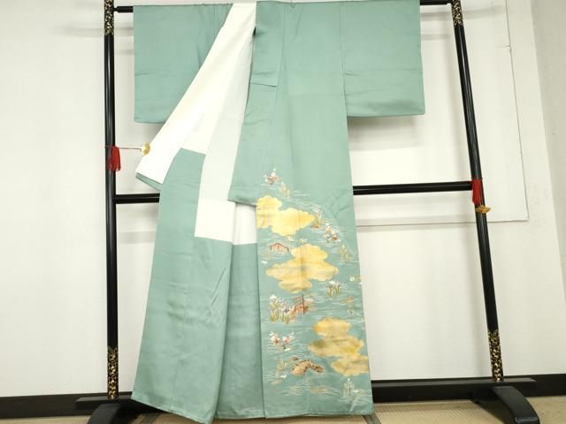 平和屋着物 京和工芸 色留袖 刺繍 雲取り流水草花文 金彩 金糸 正絹 cs