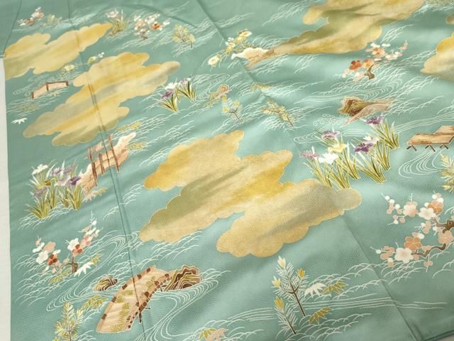 平和屋着物○京和工芸 色留袖 刺繍 雲取り流水草花文 金彩 金糸 正絹