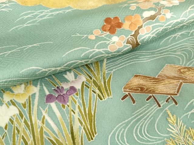 平和屋着物●京和工芸　色留袖　刺繍　雲取り流水草花文　金彩　金糸　正絹　逸品　AABD9961cs 平和屋着物○京和工芸 色留袖 刺繍 雲取り流水草花文 金彩 金糸 正絹