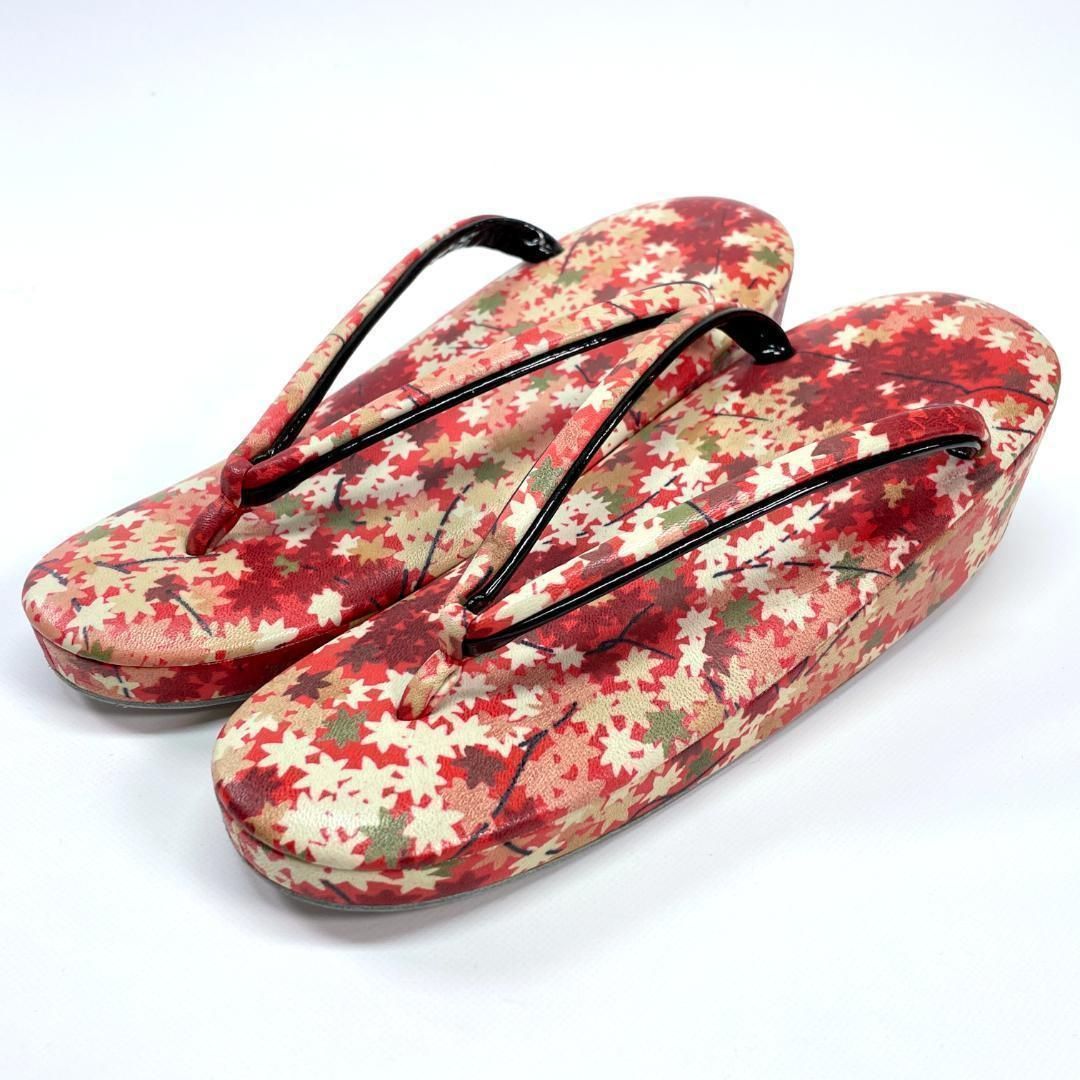 【和装】草履、鞄セット　伊と忠　高級 草履バッグセット 伊と忠謹製 革友禅 紅葉 着物 レッド ビンテージ着物