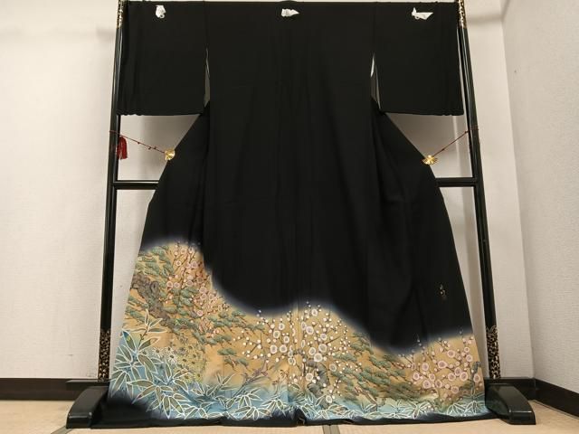 平和屋着物 京友禅作家 高橋り明 黒留袖 手描き 松竹梅 暈し染め ロング丈 正絹 ph