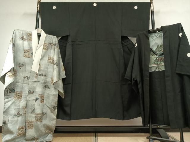 平和屋着物 男性 黒紋付 羽織 長襦袢 袷 セット 正絹 fy