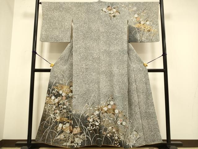 平和屋着物 訪問着 草花文 暈し染め 黒地 金彩 正絹 du