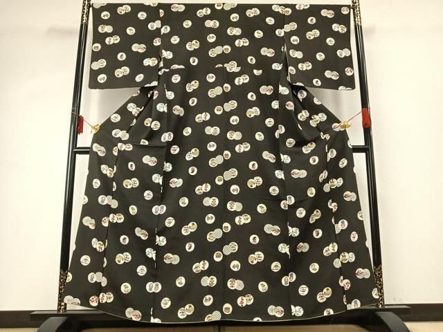 平和屋着物 上質な小紋 型染め 丸文 黒地 正絹 fy