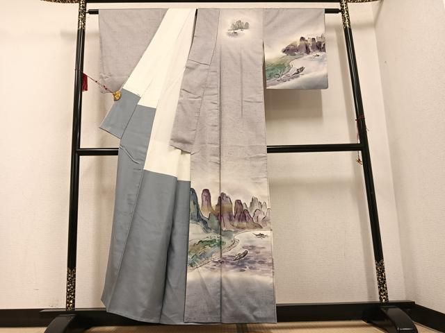 平和屋着物 訪問着 作家物 紬地 手描き 人物風景文 暈し染め 金銀彩 正絹 ph