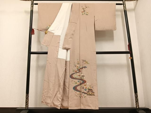 平和屋着物 訪問着 型染め 群れ鶴風景 流水草花 正絹 ph