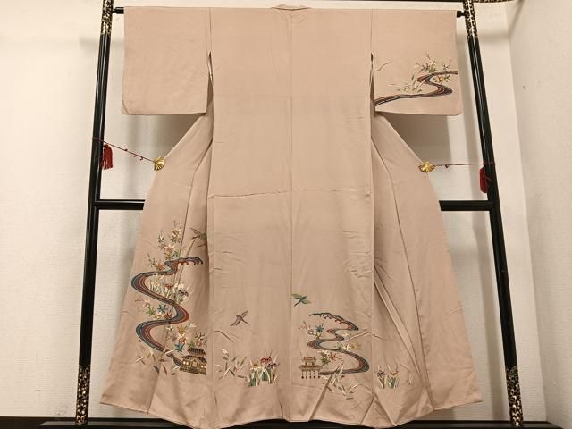 平和屋着物 訪問着 型染め 群れ鶴風景 流水草花 正絹 ph