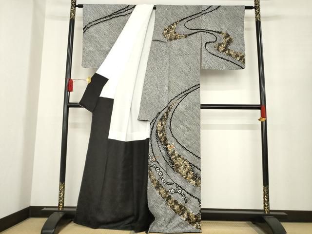 平和屋着物 訪問着 総絞り 刺繍 流水花文 黒地 金彩 正絹 ck