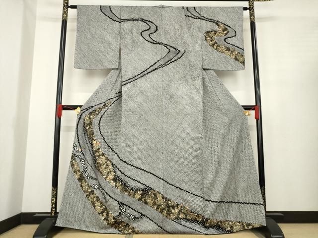 平和屋着物 訪問着 総絞り 刺繍 流水花文 黒地 金彩 正絹 ck