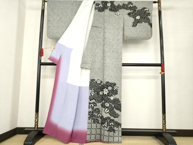 平和屋着物 訪問着 総絞り 流水花文 松 黒地 正絹 ck