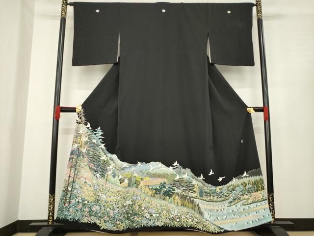 平和屋着物 本加賀友禅作家 西尾翠峰 黒留袖 風景飛鳥文 正絹 ck