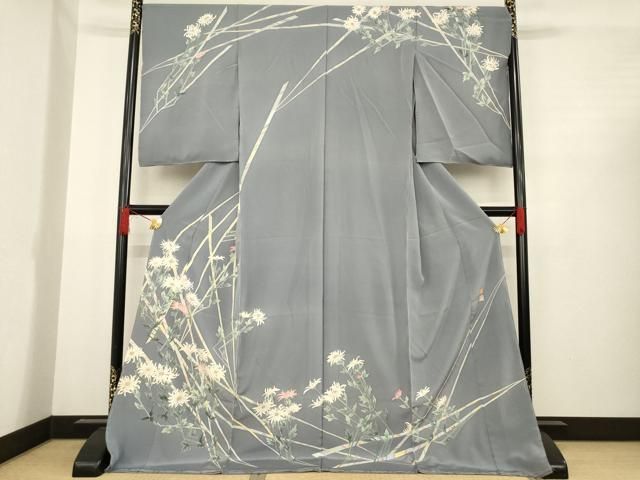平和屋着物 本加賀友禅作家 白坂幸蔵 訪問着 菊に松葉 鼠色地 仮絵羽 正絹 ck
