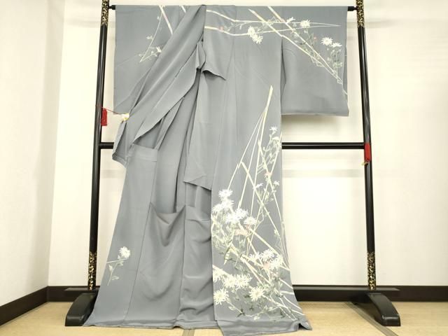 平和屋着物 本加賀友禅作家 白坂幸蔵 訪問着 菊に松葉 鼠色地 仮絵羽 正絹 ck