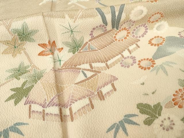 平和屋着物○訪問着 友禅 風景花文 鬼しぼ縮緬 正絹 逸品 AABD9958ck