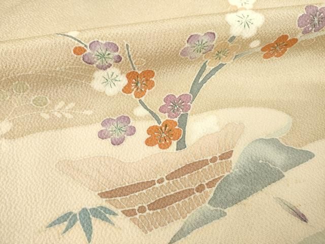 平和屋着物○訪問着 友禅 風景花文 鬼しぼ縮緬 正絹 逸品 AABD9958ck