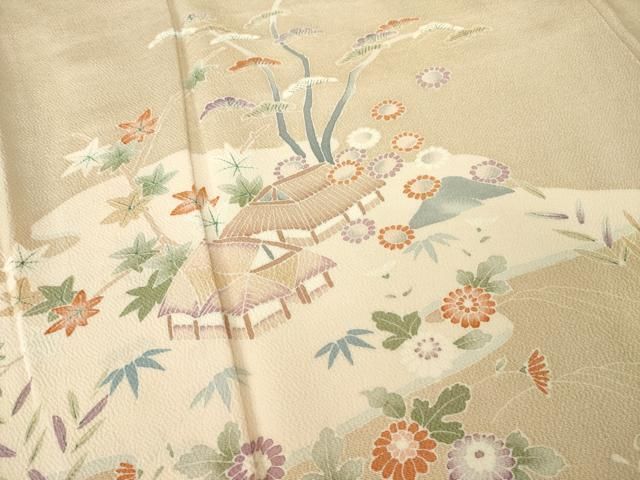 平和屋着物○訪問着 友禅 風景花文 鬼しぼ縮緬 正絹 逸品 AABD9958ck