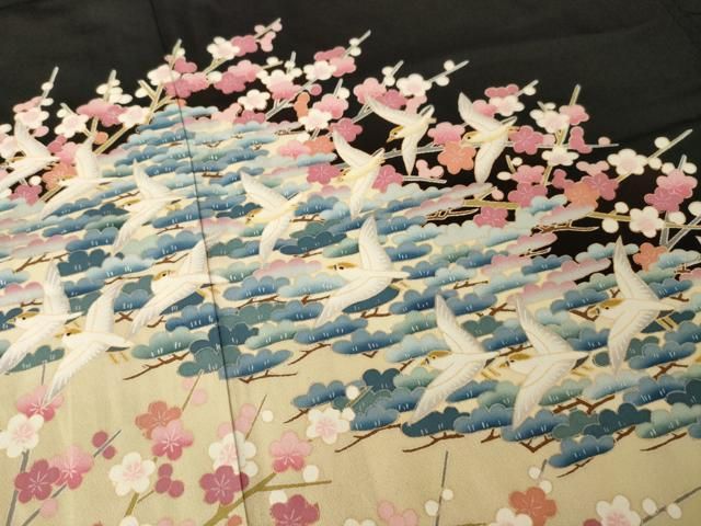 平和屋着物●豪華黒留袖　友禅　作家物　花鳥文　梅　松　千鳥　正絹　逸品　AABD9960ck 平和屋着物○豪華黒留袖 友禅 作家物 花鳥文 梅 松 千鳥 正絹 逸品