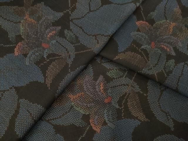 平和屋着物 本場大島紬 一元7マルキ 草花文 黒地 正絹 ck