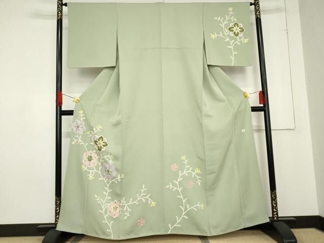 平和屋着物 京友禅作家 米沢新之助 訪問着 駒刺繍 枝花文 金彩 正絹 cs