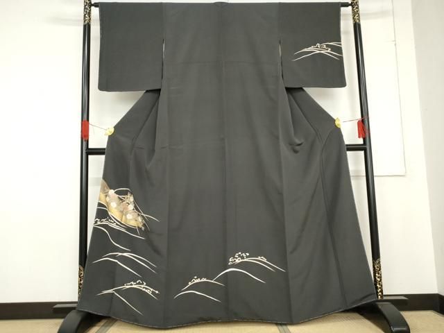 平和屋着物 訪問着 立波草花文 青褐色地 金彩 正絹 cs